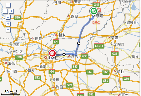 从濮阳市到郑州圃田高速口路线导航