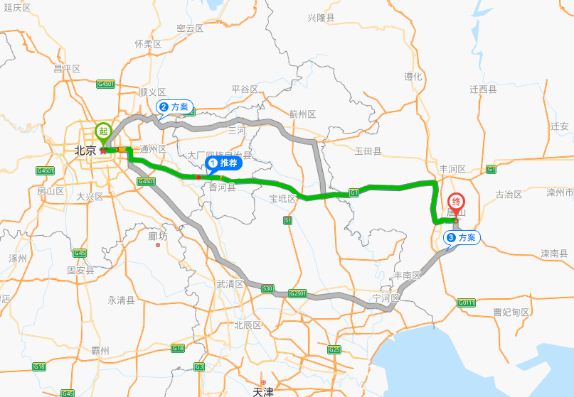 北京到唐山的直线距离是多少千米？