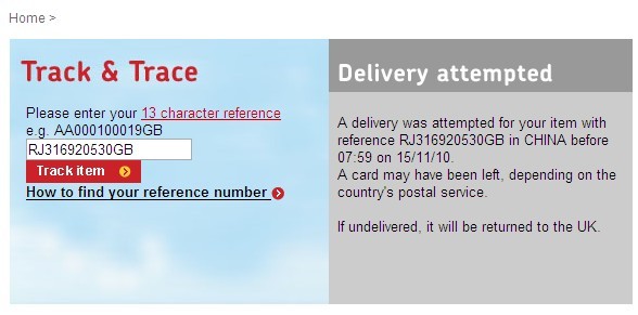 中国邮政 英国皇家邮政 royalmail 国际快递包裹查询 单号：RJ316920530GB